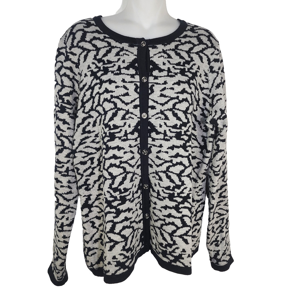 Denim & Co Cardigan Sweater Women Medium Black Jacquard Button Front Long Sleeve